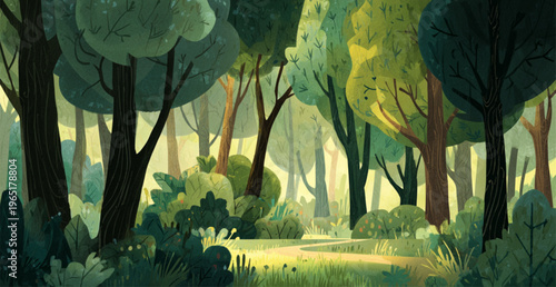 Enchanted Forest Path Illuminated by Golden Sunlight for Nature Fantasy Concepts and Serene Backdrops