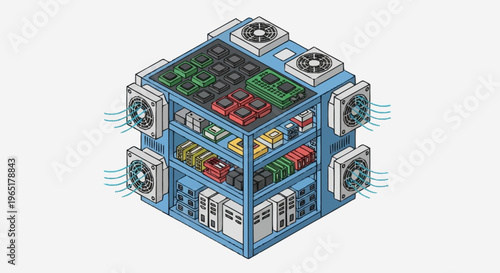 A blue cube shaped server with colorful internal components and cooling fans.