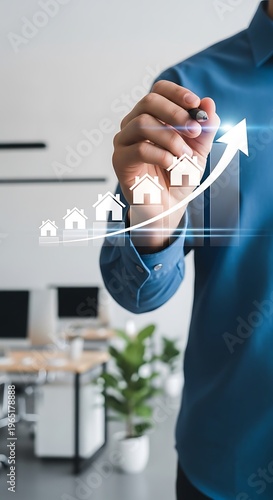 Businessperson upward arrow with house on virtual screen in office