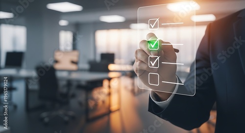 Businessperson touching virtual checklist with green checkmarks in office