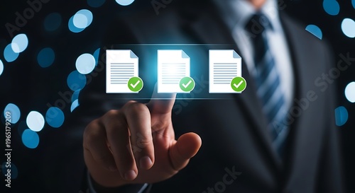Businessman touching virtual document with green checkmarks on dark background