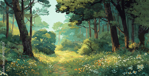 Sunlit Forest Path With Wildflowers And Lush Greenery For Nature And Adventure Backgrounds