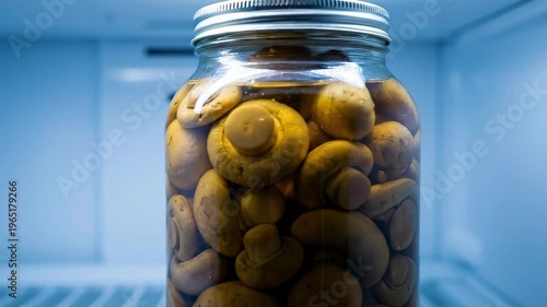 Slow zoom in tracking shot of jar of pickled mushrooms moving closer on refrigerator shelf interior with cool blue lighting