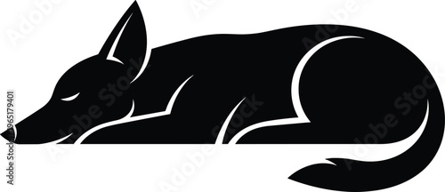 A high contrast black silhouette of a sleeping fox or dog animal lying down isolated on white background flavector brand.