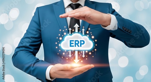 Businessman presenting E R P cloud with data flow arrows in blue suit