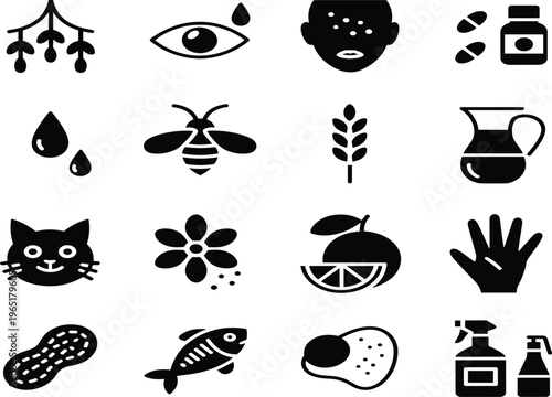 Common allergy triggers and symptoms icon set, vector black silhouette symbols including peanuts, pollen, pets, and medical treatment, isolated on white background