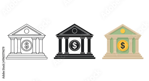 Classic bank building icon set for finance - logo icons vector set. Blue, Black and white icons