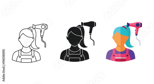 Woman drying hair with hairdryer icons - Minimalist, flat icon, outline, glyph, linear, clipart, sticker - icon set