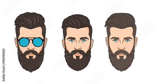 Trio of male head illustrations showing different beard styles and variations with blue sunglasses for a trendy masculine look.