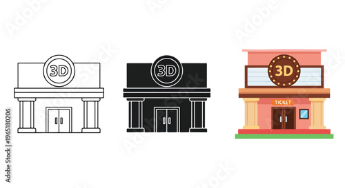 Cinema 3D theater building vector set - Editable line icons. Vector illustration - Glyph and solid icon set - Icon vector
