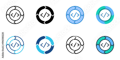 Code pipeline icons set multiple style collection. Editable stroke 
