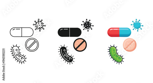 Medical pills and virus icon set - Solid vector icons  - Clipart, sticker - icon set