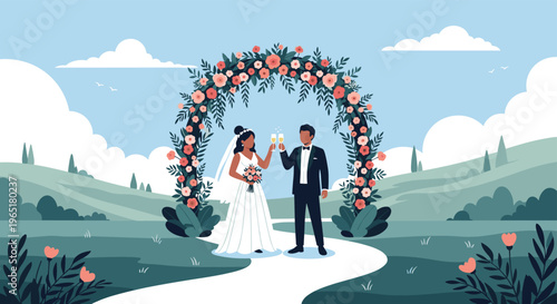 Beautiful outdoor wedding ceremony featuring a bride and groom standing under a large floral arch in a hilly green landscape.