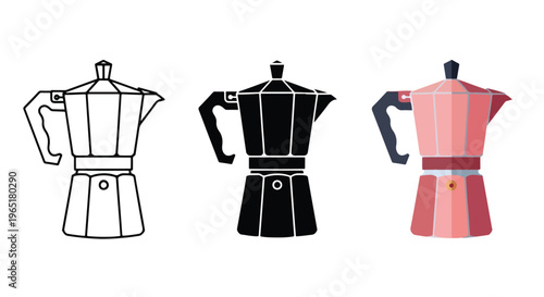 Set of three moka pot coffee maker icons - Line and glyph solid icon and logo template - Clipart, sticker - icon set