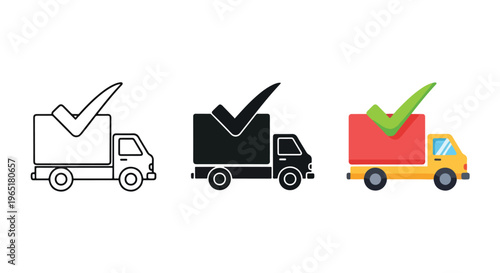 Delivery truck with check mark icons - Solid vector icons  - Clipart, sticker - icon set