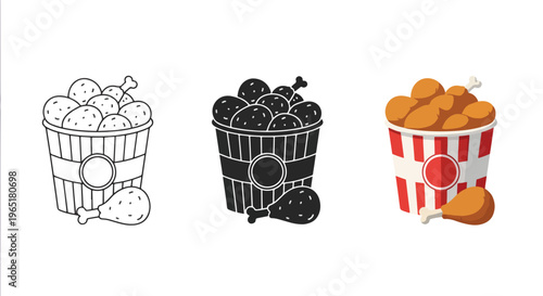 Fried chicken bucket meal vector icons - Line and glyph solid icon and logo template - Clipart, sticker - icon set