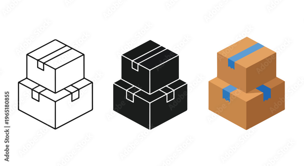 Obraz premium Stacked cardboard boxes delivery icons - Minimalist, flat icon, outline, glyph, linear, clipart, sticker - icon set