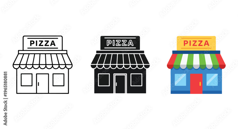 Naklejka premium Pizza restaurant storefront vector icons - Editable line icons. Vector illustration - Glyph and solid icon set - Icon vector