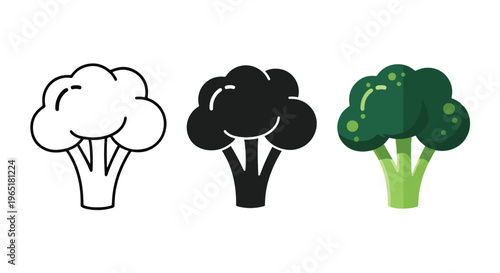 Fresh green broccoli vegetable icon set - Solid vector icons  - Clipart, sticker - icon set