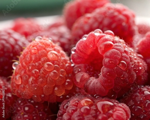 Fresh Organic Red Raspberries and Blackberries with Morning Dew Drops Macro Photography