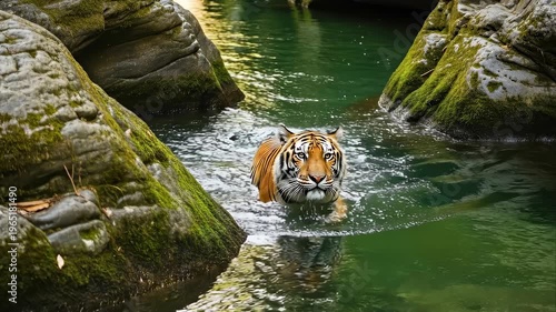 Tracking shot of tiger swimming through green river between moss covered rocks in tropical forest stream at daytime