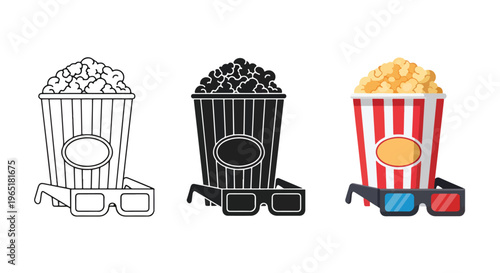 Set of three popcorn and 3d glasses icons - Solid vector icons  - Clipart, sticker - icon set