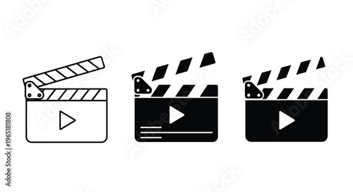 Film clapper board icon set in three styles - Line and glyph solid icon and logo template - Clipart, sticker - icon set