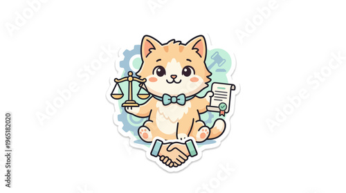 Cute Cartoon Cat Holding Scales of Justice and Contract