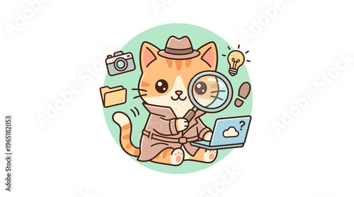 Cute Cartoon Cat Detective With Accessories