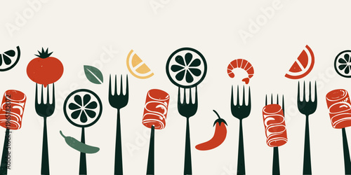Stylized pattern of various foods on forks and citrus slices
