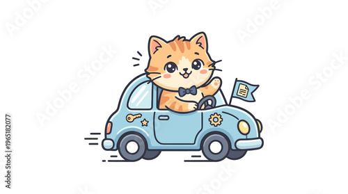 Cute Cartoon Cat Driving A Blue Car