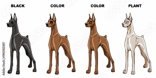 Four depictions of a great dane dog in varying color schemes