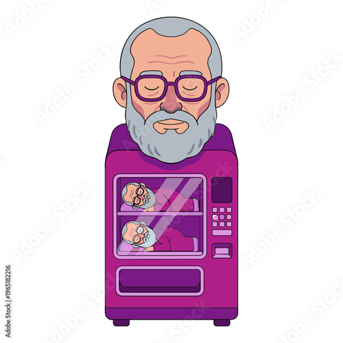 An elderly man with glasses and a beard stuck in a purple toaster machine.