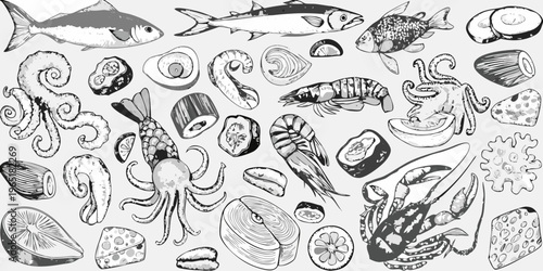 An illustrated collection of various seafood shellfish and ocean elements