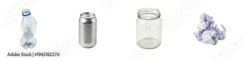 A studio collection of common recyclable materials including a plastic bottle, an aluminum can, a glass jar, and crumpled paper, suitable for environmental awareness campaigns and