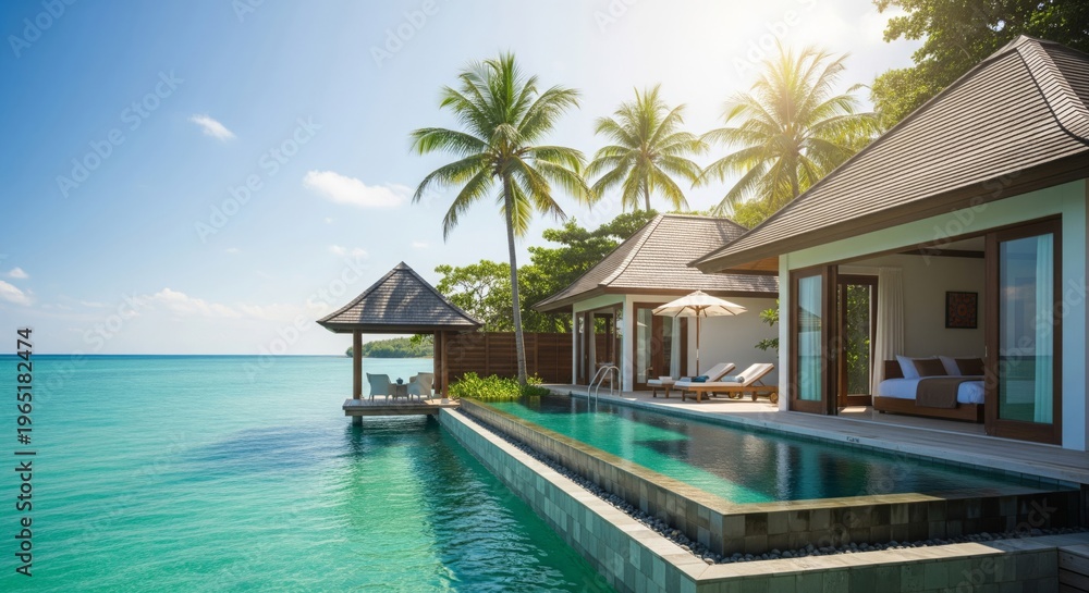 Fototapeta premium Turquoise Swimming Pool Villa Under Sunlight With Palms And Ocean