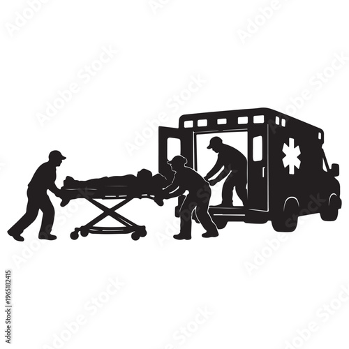 Medical team loading a stretcher into an ambulance