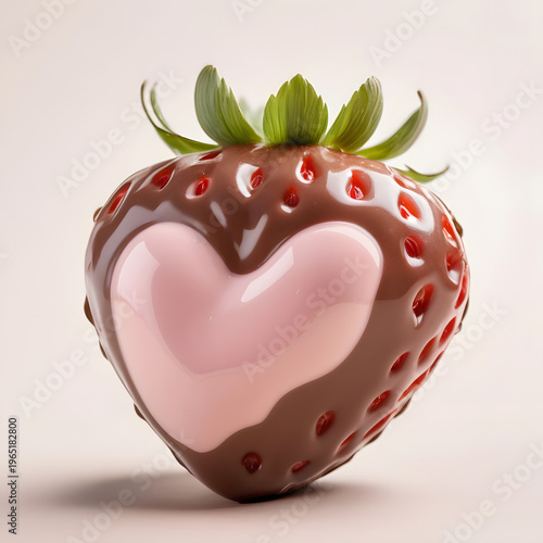 strawberry with chocolate heart shaped on white background