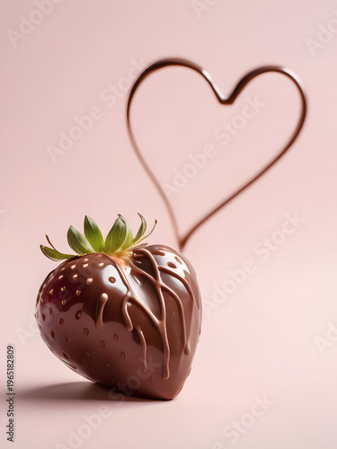 strawberry with chocolate heart shaped on pink background