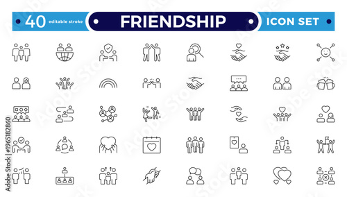 Friendship outline icon set. Containing friends, group of friend, socialize, friendly, cheers, trust, support and best friends icons. Editable stroke outline icon.
