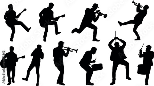 Set of professional musician silhouettes playing guitar trumpet and drums in various energetic poses isolated on white background for jazz band music festival and concert concept