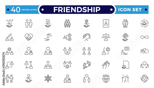 Friendship outline icon set. Containing friends, group of friend, socialize, friendly, cheers, trust, support and best friends icons. Editable stroke outline icon.
