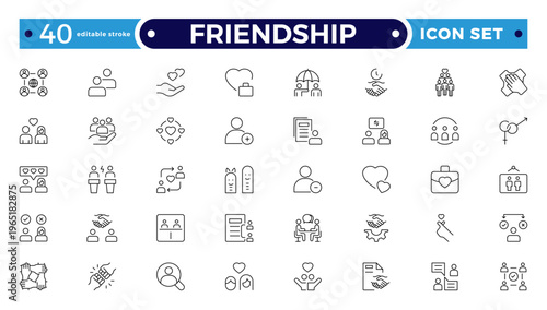 Friendship outline icon set. Containing friends, group of friend, socialize, friendly, cheers, trust, support and best friends icons. Editable stroke outline icon.
