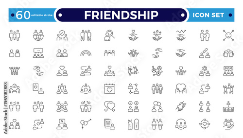 Friendship outline icon set. Containing friends, group of friend, socialize, friendly, cheers, trust, support and best friends icons. Editable stroke outline icon.
