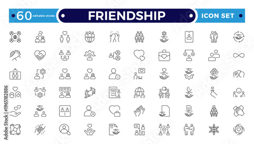 Friendship outline icon set. Containing friends, group of friend, socialize, friendly, cheers, trust, support and best friends icons. Editable stroke outline icon.
