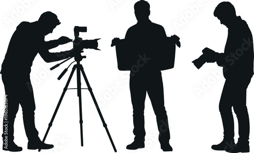 Silhouettes of professional photographers and videographers working with cameras and tripod isolated on white background for media production and creative photography studio concept