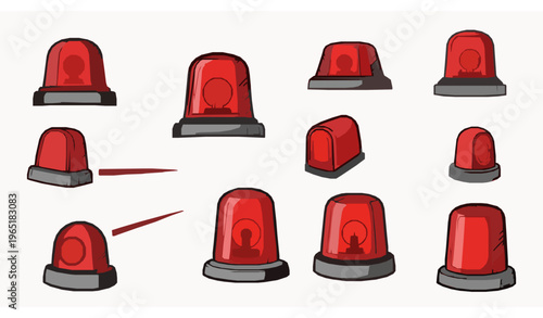 Hand drawn red siren light vector illustration with police ambulance and warning alarm elements isolated on white background
