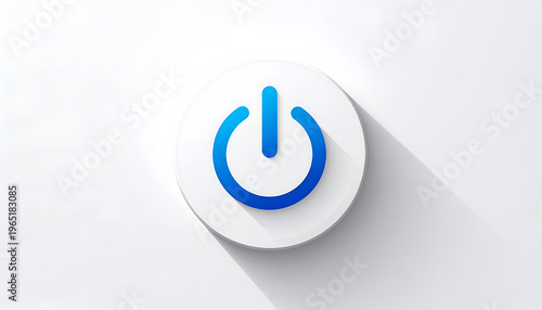 Blue power button icon on white circle with shadow for interface or website design
