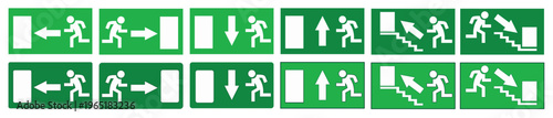 Set of Green Emergency Exit Signs with Running Man and Directional Arrows