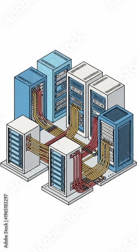 Isometric illustration of server room infrastructure.